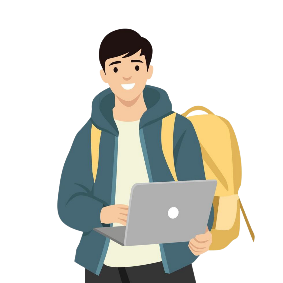 A student holding a laptop with a yellow backpack